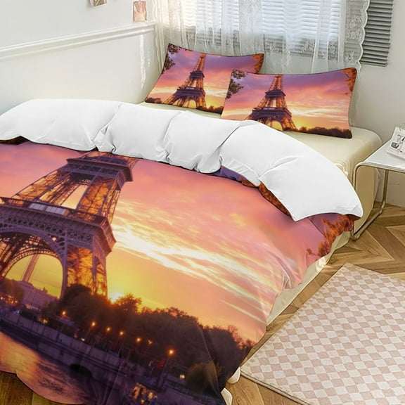 Eiffel Tower at Sunset Duvet Cover Set Themed Multicolor Polyester Bedding Set for Bedroom Decoration