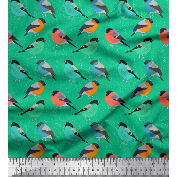 Soimoi Green Rayon Fabric Rufous Flycatcher Bird Printed Fabric 1 Yard 58 Inch Wide