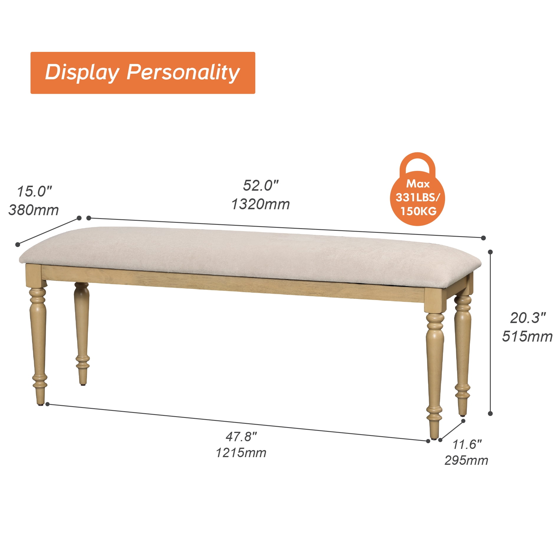 End of Bed Bench for Bedroom, Upholstered Bench for Entryway, Oak, 52 Inch