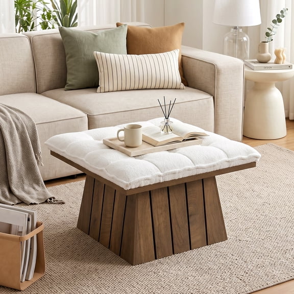 31.5" Ottoman Coffee Table with Plush Teddy Fleece Cushion, Modern Square Footstool & Coffee Table Combo for Living Room