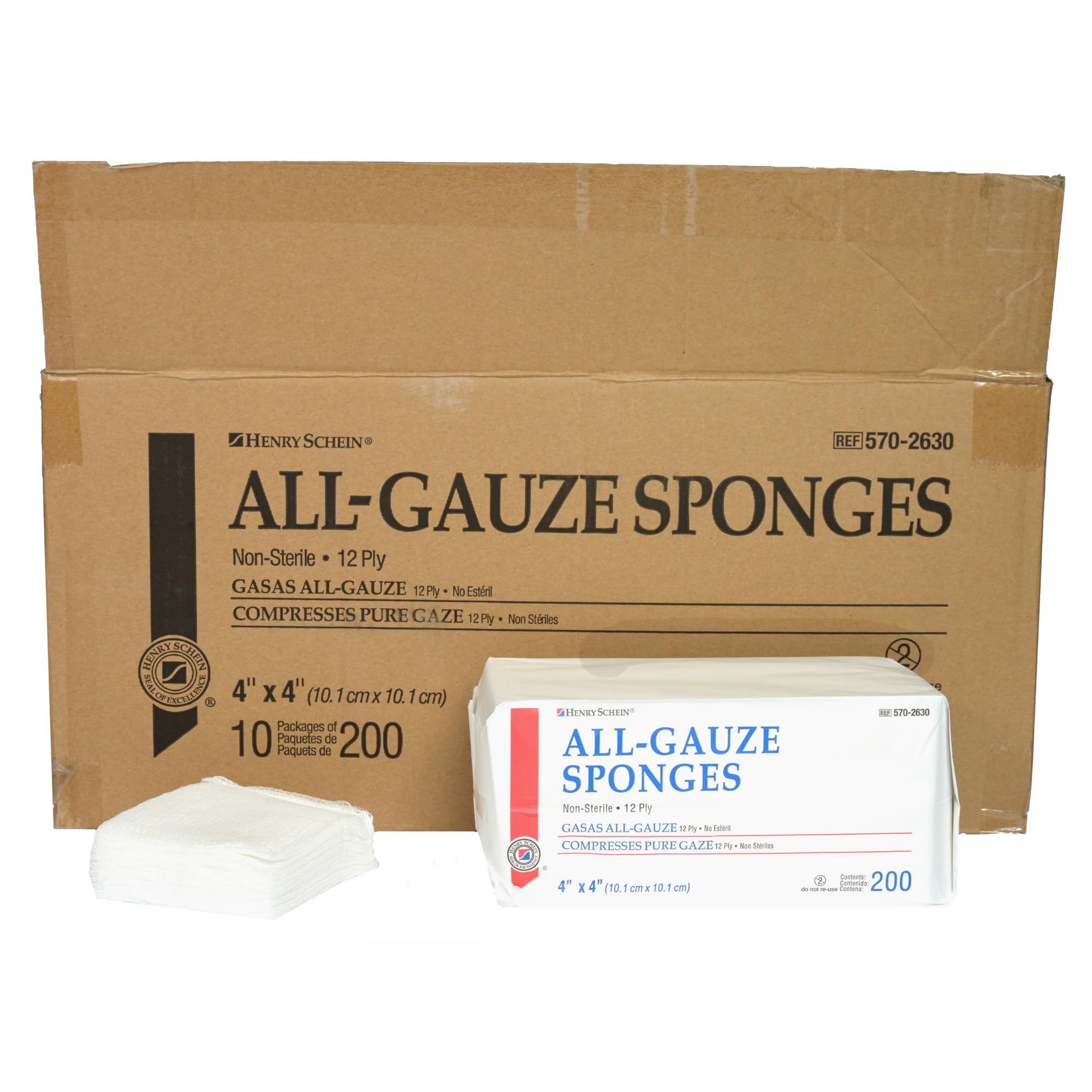 Henry Schein 200/Pack Non-Sterile Gauze Pads 4’’ x 4’’ for Wound Dressing Gauze Sponge-Pads for Wound Care - 12-Ply - 100% Cotton & Highly Absorbent - 10 Packs (200/Pack)