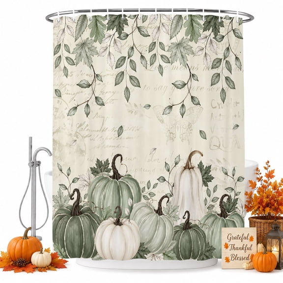Sage Green Fall Shower Curtain, Waterproof Shower Curtains for Bathroom, Retro Pumpkins Botanical Thanksgiving Washable Fabric Bathtub Curtain Set Bath Decor with 12 Hooks Extra Long 72"x96"