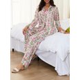 thumbnail image 4 of Conjunto de pijama navideño para mujer, de satén de seda, con estampado de cascanueces, camisa de manga larga con botones y pantalones de pierna ancha, 2 piezas, ropa de dormir bonita de Papá Noel, 4 of 5