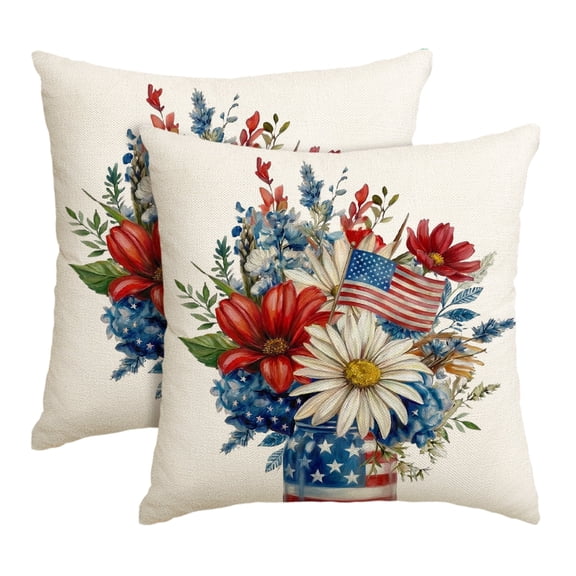 Sm:)e Flower America Flag Fourth of July Throw Pillow Cover 18x18 Inch Set of 2, Polyester Patriotic Outdoor Pillow Case for Sofa Couch
