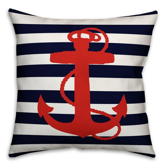 Creative Products Navy Stripes Red Anchor 18x18 Spun Poly Pillow