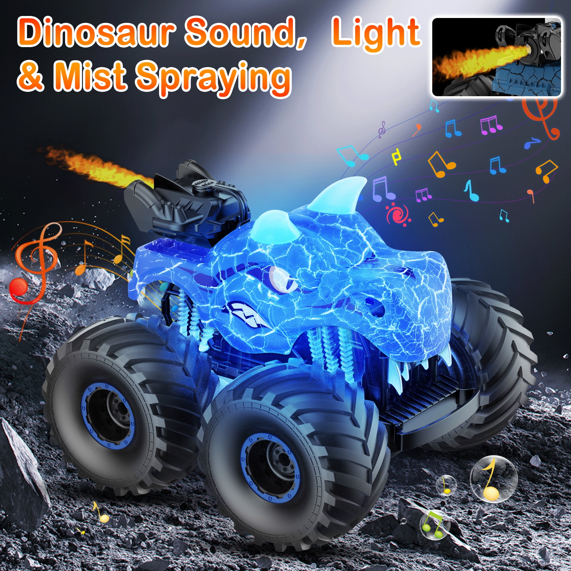 UUGEE Remote Control Dinosaur Car Toys for Boys, 2.4GHz RC Monster Trucks for Boy with Spray, Light & Sound, 360° Rotating All Terrain RC Cars Toys Christmas Birthday Gifts for 5 6 7 8 Kids - Blue