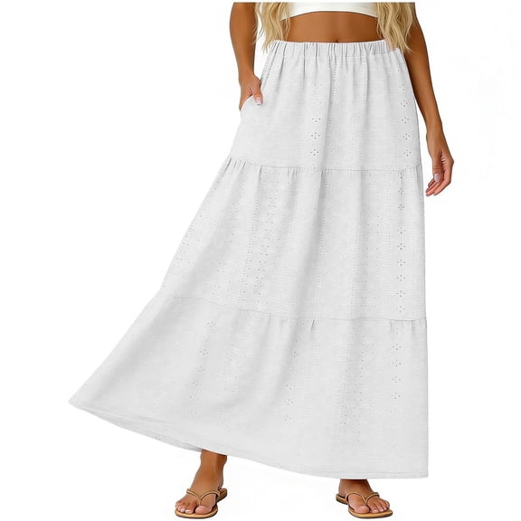 Arlun Women's Summer Casual Elegant Layered Tiered Maxi Skirts Elastic High Waisted Eyelet A Line Flowy Long Skirts with Pockets Loose Comfort Solid Color Vacation Skirt 2026 White XL
