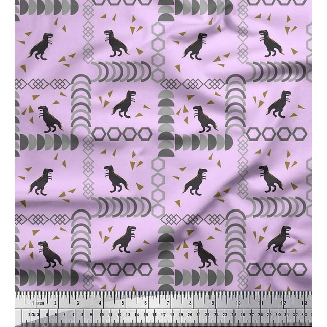 Soimoi Silk Fabric Geometric Shapes & Dinosaur Animal Decor Fabric Printed Yard 42 Inch Wide
