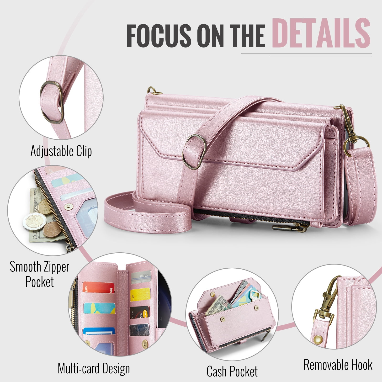 Compatible with Samsung Galaxy S23 Ultra 5G Zipper Wallet Phone Case Tempered Glass Screen Protector Crossbody Lanyard Strap Flip Card Holder Slot Cell Cover for S23Ultra 23S S 23 6.8 Women Rose Gold