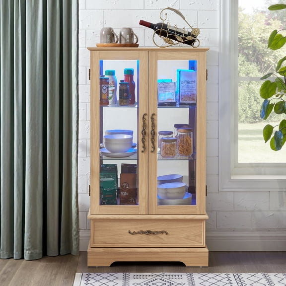 HIUU 47.4" Lighted Display Cabinet with Glass Doors, 3-Tier Farmhouse Curio Display Cabinet with Adjustable Shelves for Dining Room,RGB LED Lights Included,Light Oak