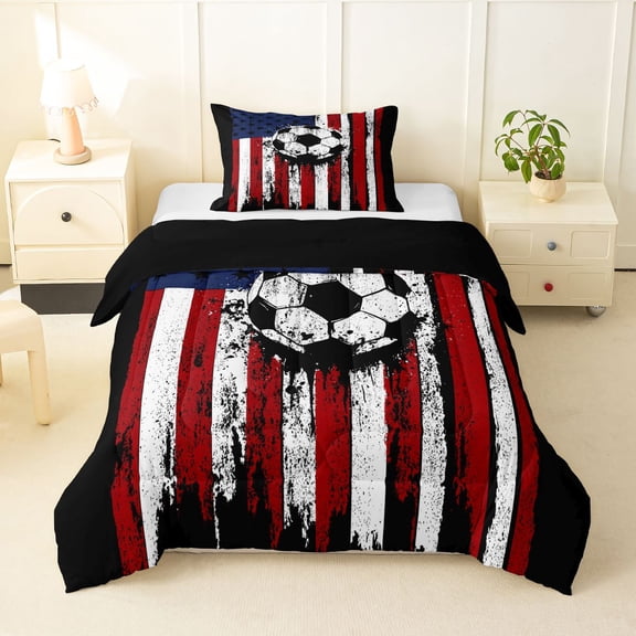 Manfei Soccer Sports Twin Comforter Sets,Vintage Us Flag Bedding Set,Red White,Black Reversible,2pcs,1 Comforter and 1 Pillowcase