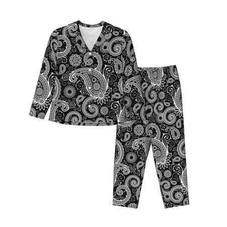 2 Piece Womens Pajama Sets - Black White Indian Paisley Soft Sleepwear Comfy Pajamas Ladies Pj Lounge Sets with Pockets  Long Sleeve Button Shirt and Pajama Pants Pjs Sets for Women