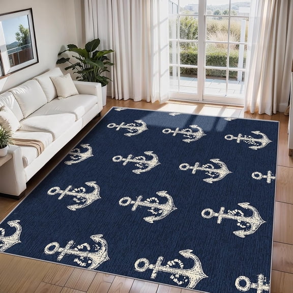 Blue Anchor Area Rugs, Nautical Carpet, Washable Non Slip Low Pile Soft Rug for Living Room Bedroom Decor Mat 2ftx3ft