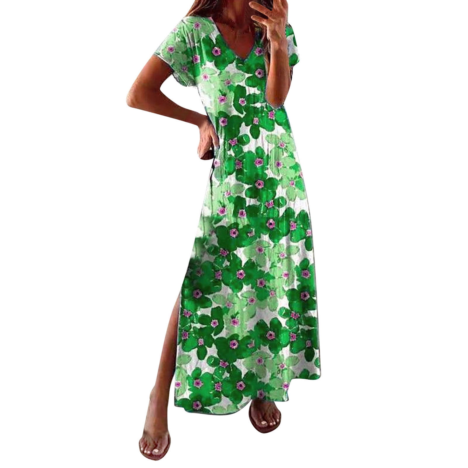 nsendm Summer Dresses Petite Women Women Maxi Dress Summer Spring Short Sleeve Split Long