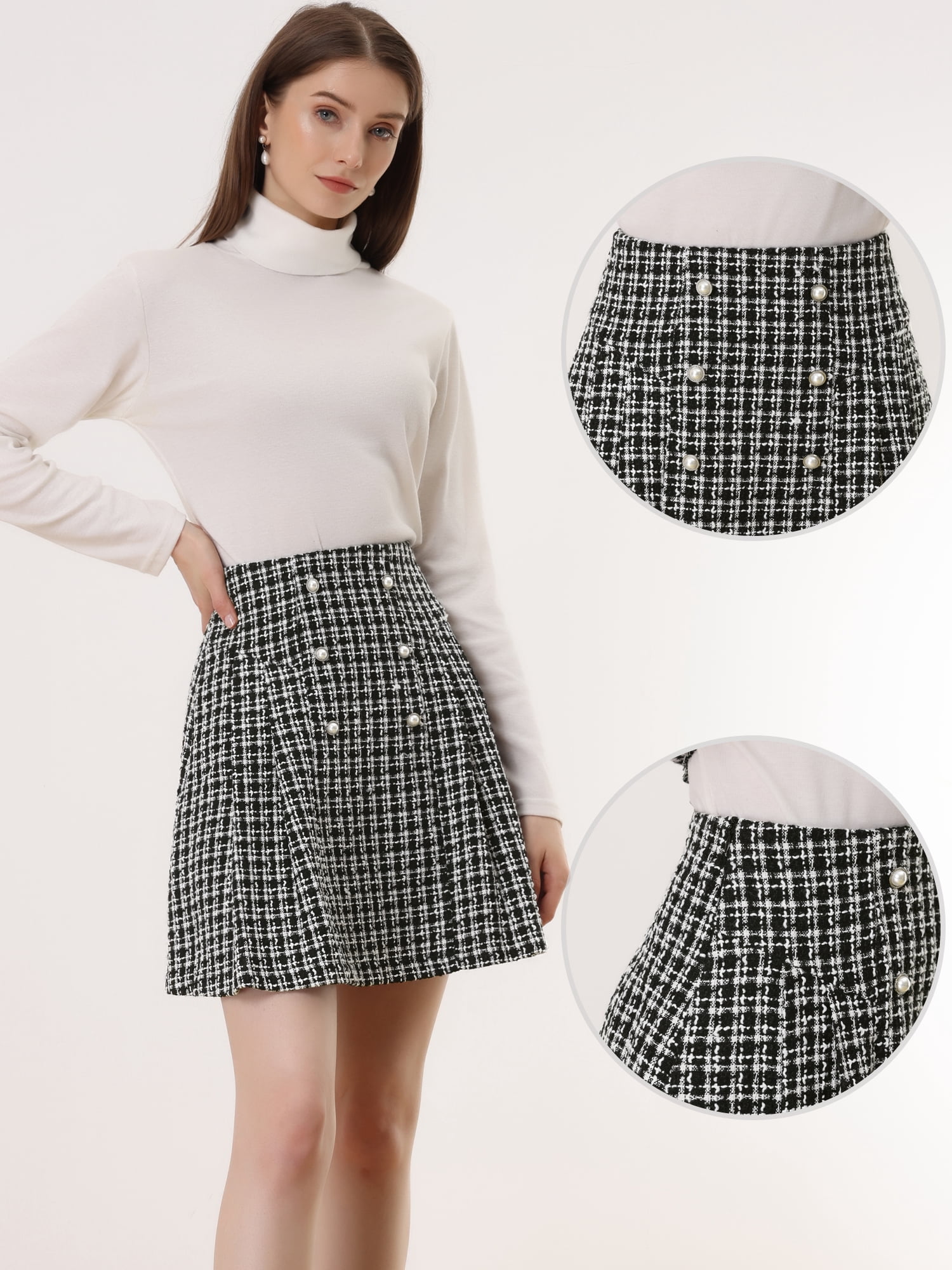 DARING DIVA Women's Elegant High Waist Button Decor A-Line Skirts XL Black White