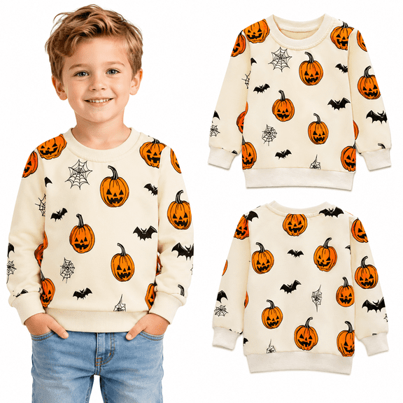 HILEELANG Kids 18M-7Y Halloween 100% Cotton Crewneck Sweatshirt, Pumpkin Bat & Spiderweb Print, Cream