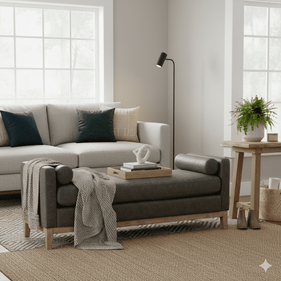 GOMYHOME 66" Modern Upholstered Bench, End of Bed Ottoman with Bolsters, Dark Gray Faux Leather