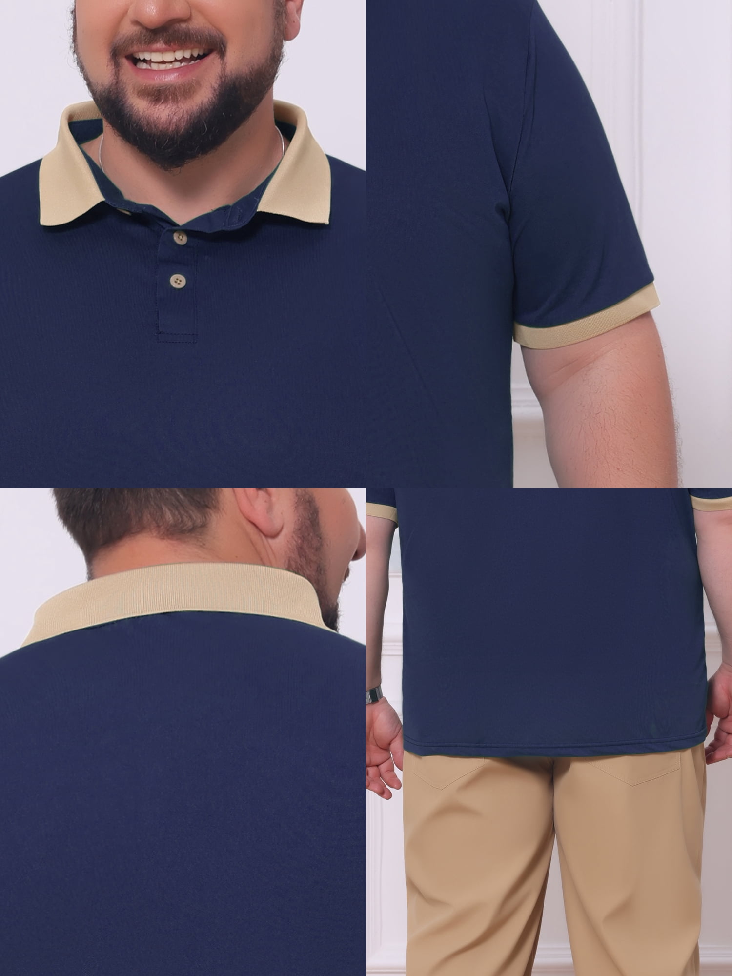 DARING DIVA Men's Contrast Collar Short Sleeves Breathable Polo Shirts 5XL Dark Blue