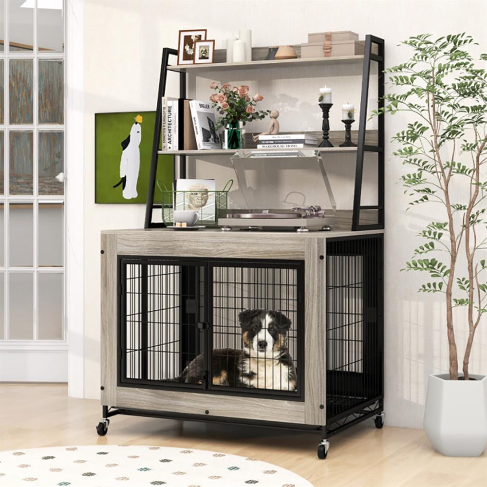 Barara King Dog House,Pet House,Industrial Dog Kennel Dog Crate Furniture with Storage Shelves-Gray