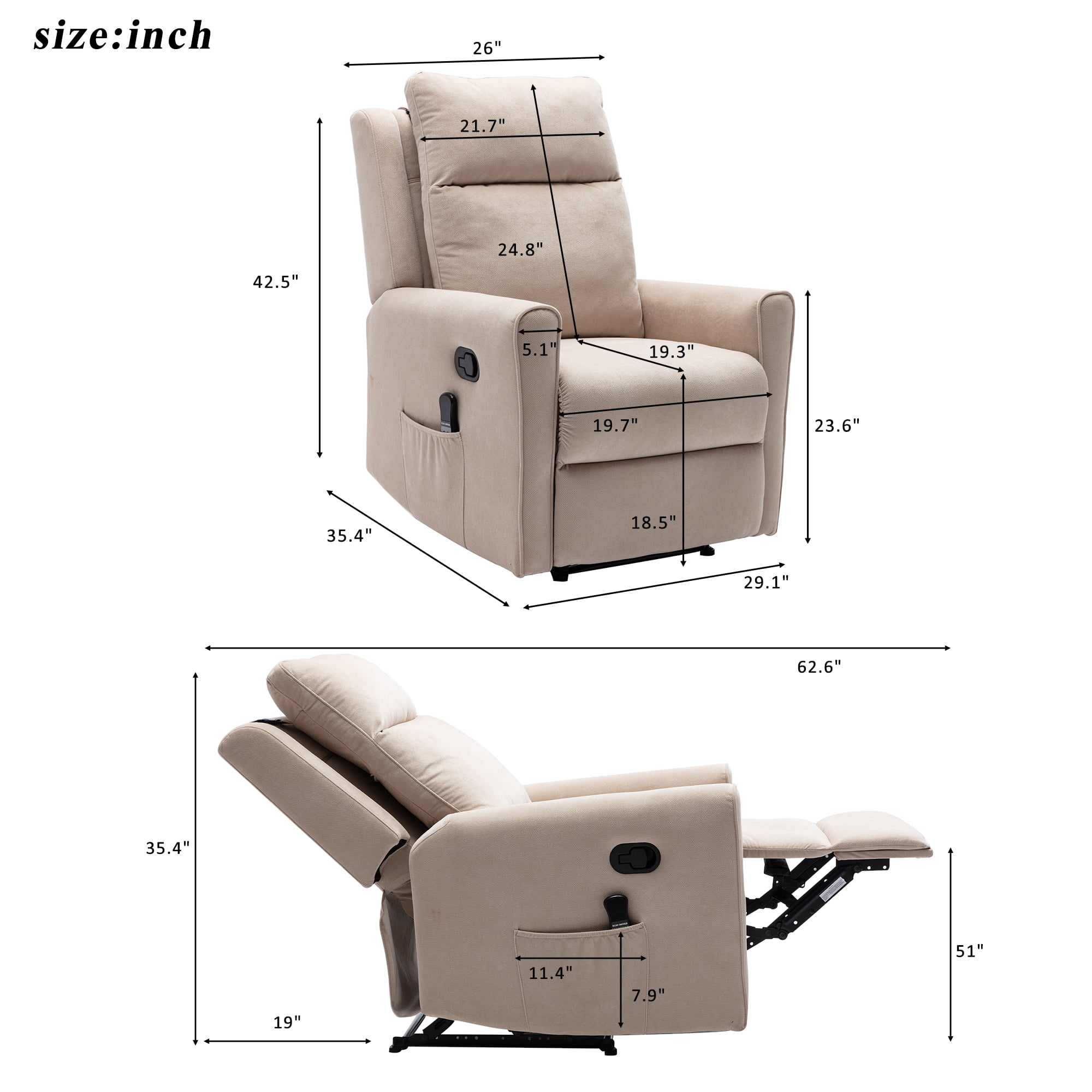 Kepooman Manual Recliner Chair with Heat and Rolling Kneading Massage for Living Room, Beige Kepooman Manual Recliner Chair with Heat and Rolling Kneading Massage for Living Room, Beige