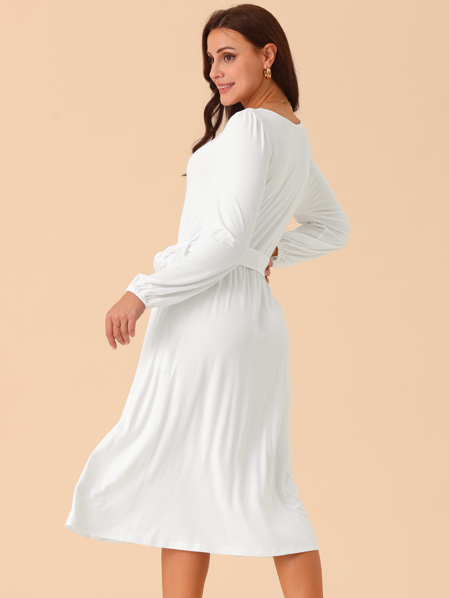 DARING DIVA Long Sleeve High Waist Flowy Midi Dress L White