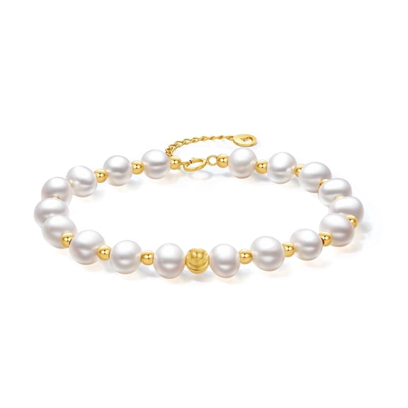 ZHOU LIU FU 18K Yellow Gold Chain Bracelet White Freshwater Pearl Gold Beads Bracelet Daint Jewelry Anniversary Birthday Gift for Women Adult X0713026