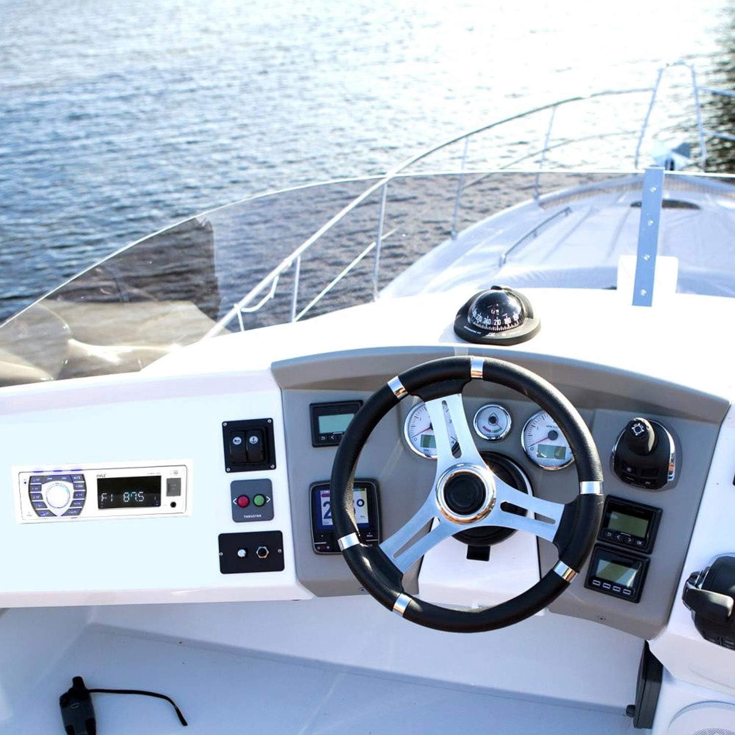Pyle Single Din 300W Bluetooth Marine Receiver Stereo, Hands-Free Calling, AM/FM, USB/SD (White)