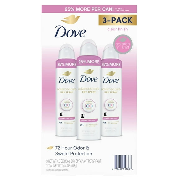 Dove Advanced Care Clear Finish Antiperspirant Spray, 4.8 Ounce (Pack of 3)