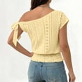 thumbnail image 4 of Miluxas Women's Trendy One Shoulder Blouse - Eyelet Lock Knit Short Sleeve Top with Bow Tie Smocked Hem Solid Tunic Shirts Summer Beach Outfits Yellow, 4 of 9