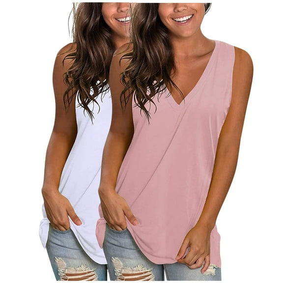 Womens Plus Size Basic Top, 2 Pack Tank Tops for Women Spring Summer Athletic Casual Loose Fit Solid Color V Neck Shirts