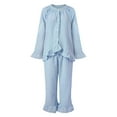 thumbnail image 7 of Women's 2 Piece Pajamas Sets Ruffled Plaid Loose Casual Button Up Shirt and Wide Leg PJ Bottoms Sleepwear Outfits (M, Light Blue), 7 of 7