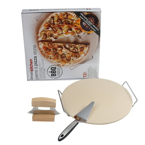 i Kito Round Ceramic Pizza Stone for Grill and Oven with Handles 13in, Pizza Baking Stone Set with Cutter & Pie Slice Server