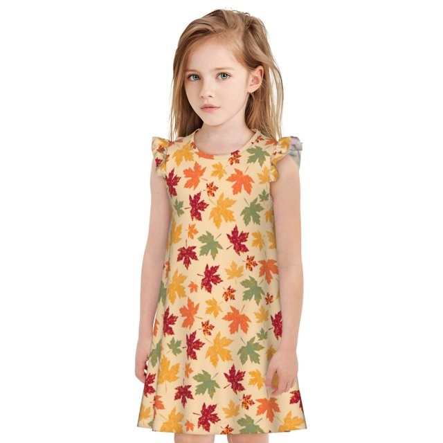 Fotbe Autumn Maple Leaves Vestido de Dormir para Niñas de 3 a 10 Años, Mangas Cortas, Estilo Princesa, Pijama Camisón con Mangas Voladas-XX-Large
