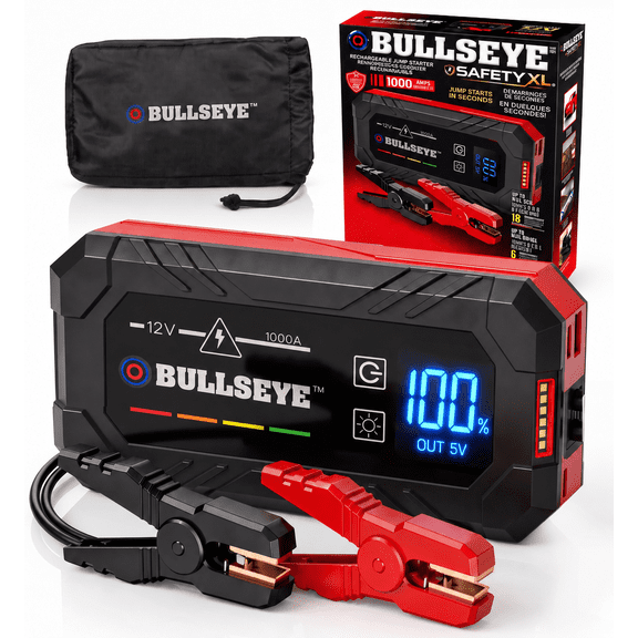 Bullseye Safety 1000A Car Battery Jump Starter Box with Jumper Cables, 12V Car Jump Starter Portable Booster for 6.0L Gas and 3.0L Diesel Engines, 2250 mAh Rechargeable, Reverse Polarity Protection
