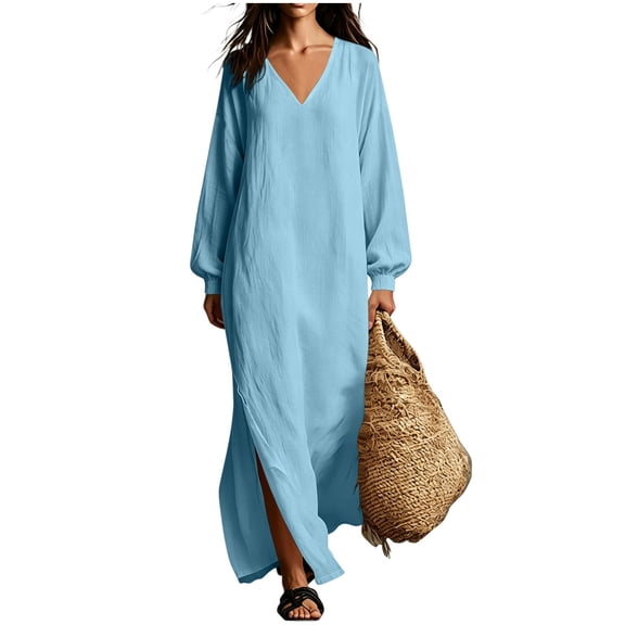 Edvintorg Women’S Dresses V Neck Long Sleeve Lightweight Cotton and Linen Loose Casual Dress Women Clothes S-2XL Light Blue