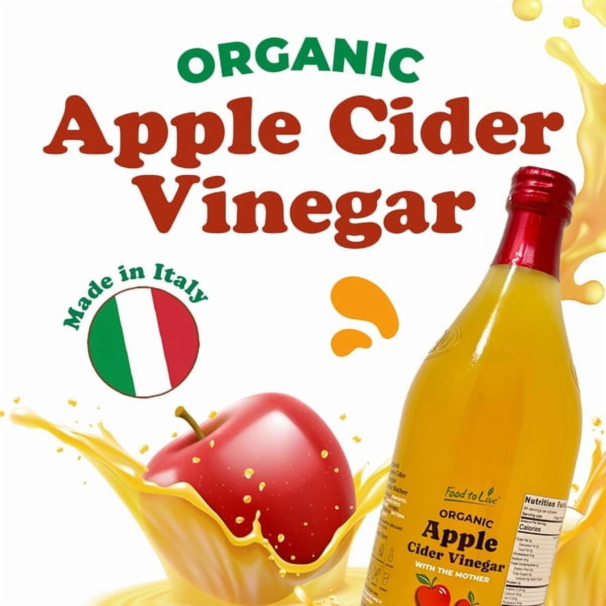 Food To Live Organic Apple Cider Vinegar, 2 L – Raw Italian Natural Vinegar with the Mother, Unfiltered, Unpasteurized, Non-GMO, Vegan, Glass Bottle (Pack of 2)
