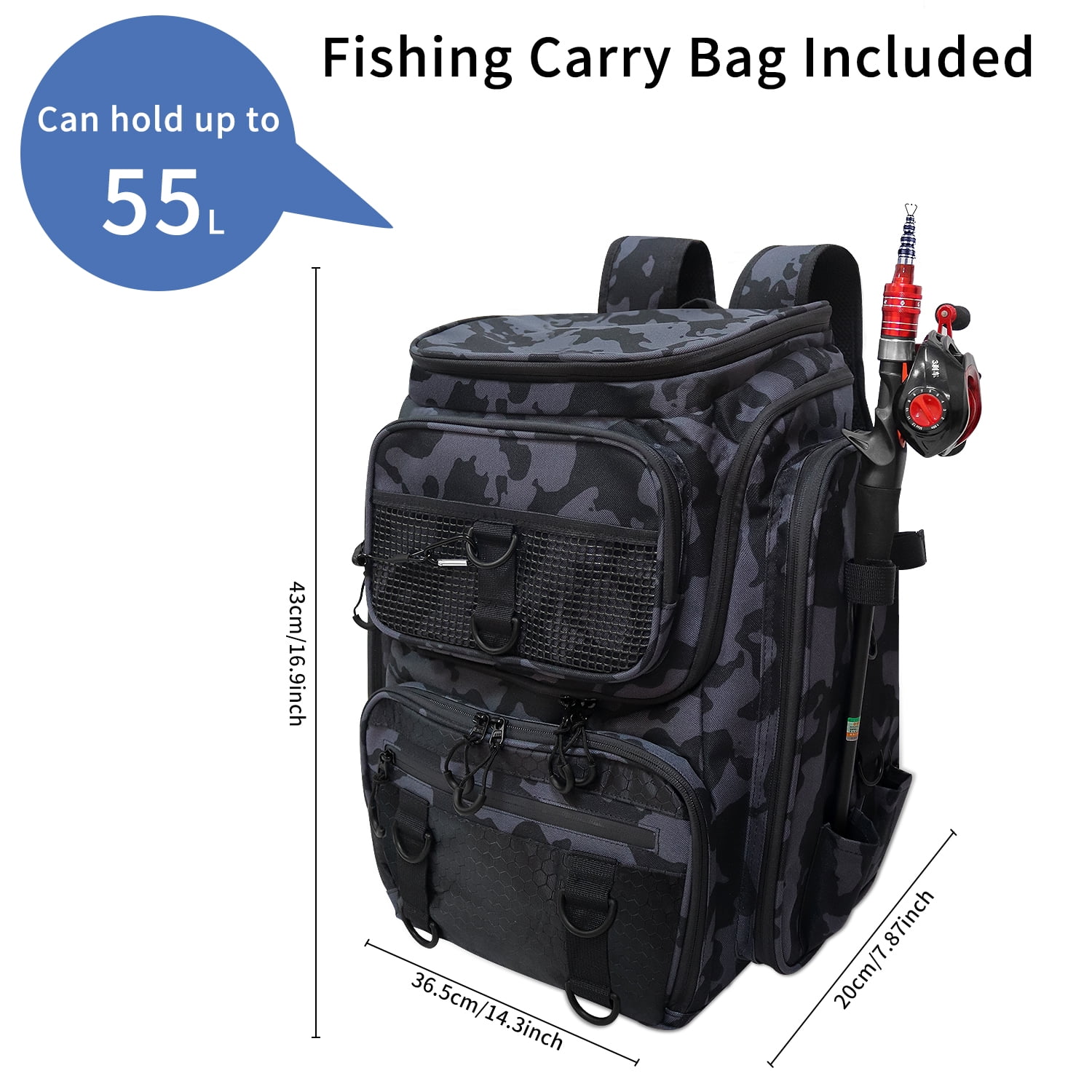 AGOPLEE Fishing Tackle Backpack, Tactical Fishing Sling Tackle Bag, Water Resistant Fishing Tackle Box Bag with Rod Holders