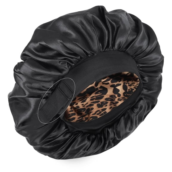 TELOLY Silk Bonnet for Sleeping Double Layer Satin Bonnet Adjustable Bonnets for Black Women Sleep Cap Reversible Hair Bonnet for Curly Hair (Black and Leopard)