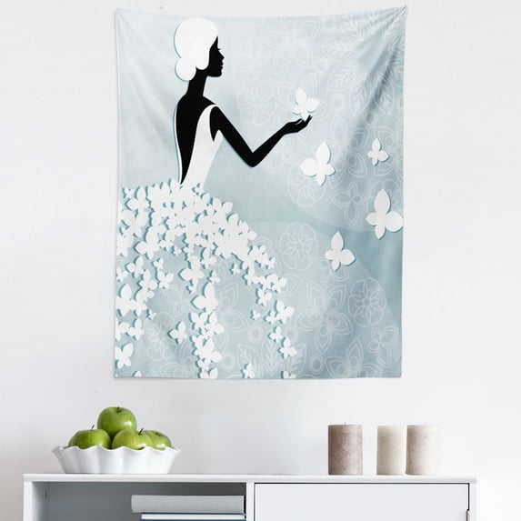 Floral Tapestry, Bride in Butterfly Dress Celebration Abstract Floral Backdrop Print, Fabric Wall Hanging Decor for Bedroom Living Room Dorm, 5 Sizes, Pale Blue and White, by Ambesonne