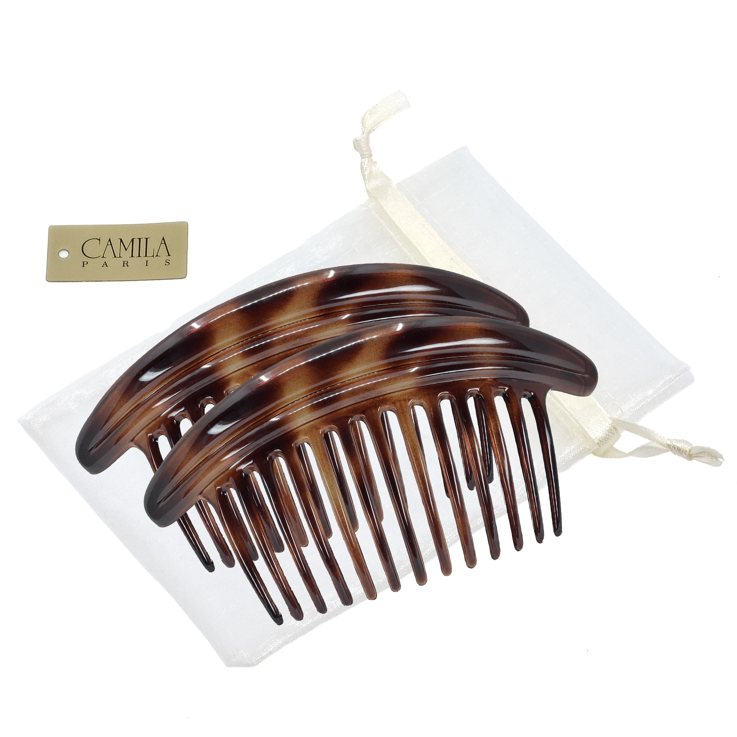 Camila Paris CP3329 French Hair Side Combs Amber Interlocking Combs French Twist Hair Combs, Strong Hold Hair Clips for Women Bun Chignon, Up-Do Styling Girls Hair Accessories Made in France
