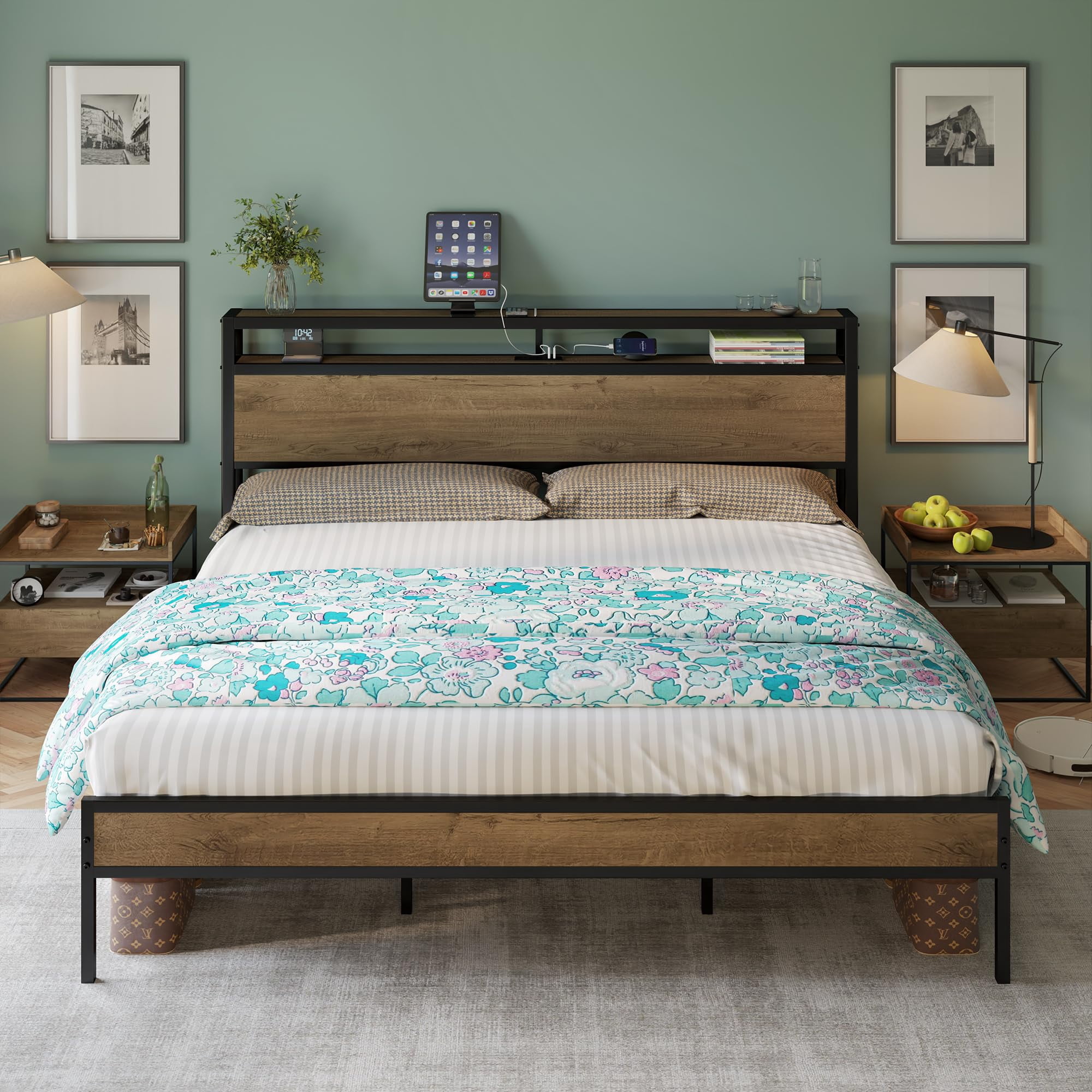 VanAcc Metal King Size Bed Frame with 2-Tier Storage Headboard and Charging Station, Light Brown