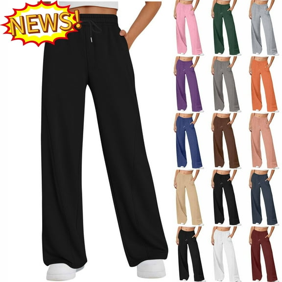 Women's Pants Plus Size, Women Solid Color Casual Straight Leg Wide Leg Drawstring Pocket Sweatpants Long Pants Women High Waisted Pants (Black,S)