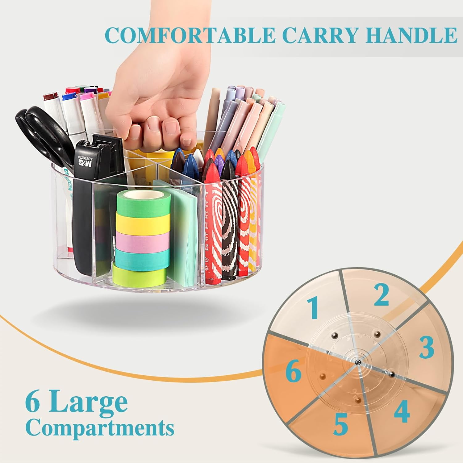 Behome Marker Organizer, 360-Degree Rotating Pencil Holder, Rotating Desk Acrylic Office Organizer with 6 Compartments, Art Supply Storage Organizer for School Home