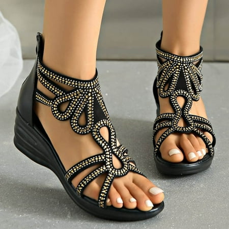 

UIX Large Size Fashionable Fish Mouth Rhinestone Back Zipper Roman Sandals