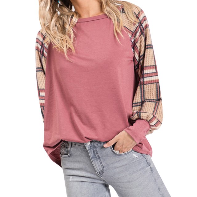 Pull à Manches Longues à Col Rond à Carreaux pour Femmes
