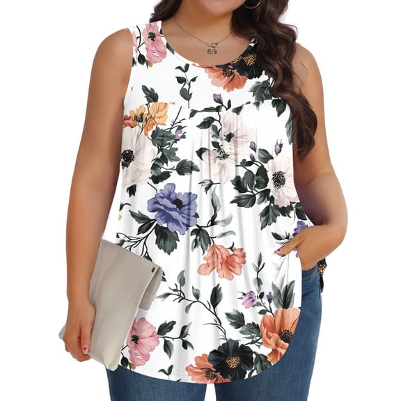 Vynhevius Plus Size Women's Summer Tank Tops Round Neck Floral Print Sleeveless Wide Strap Casual Loose Fit Flowy A Line Tops