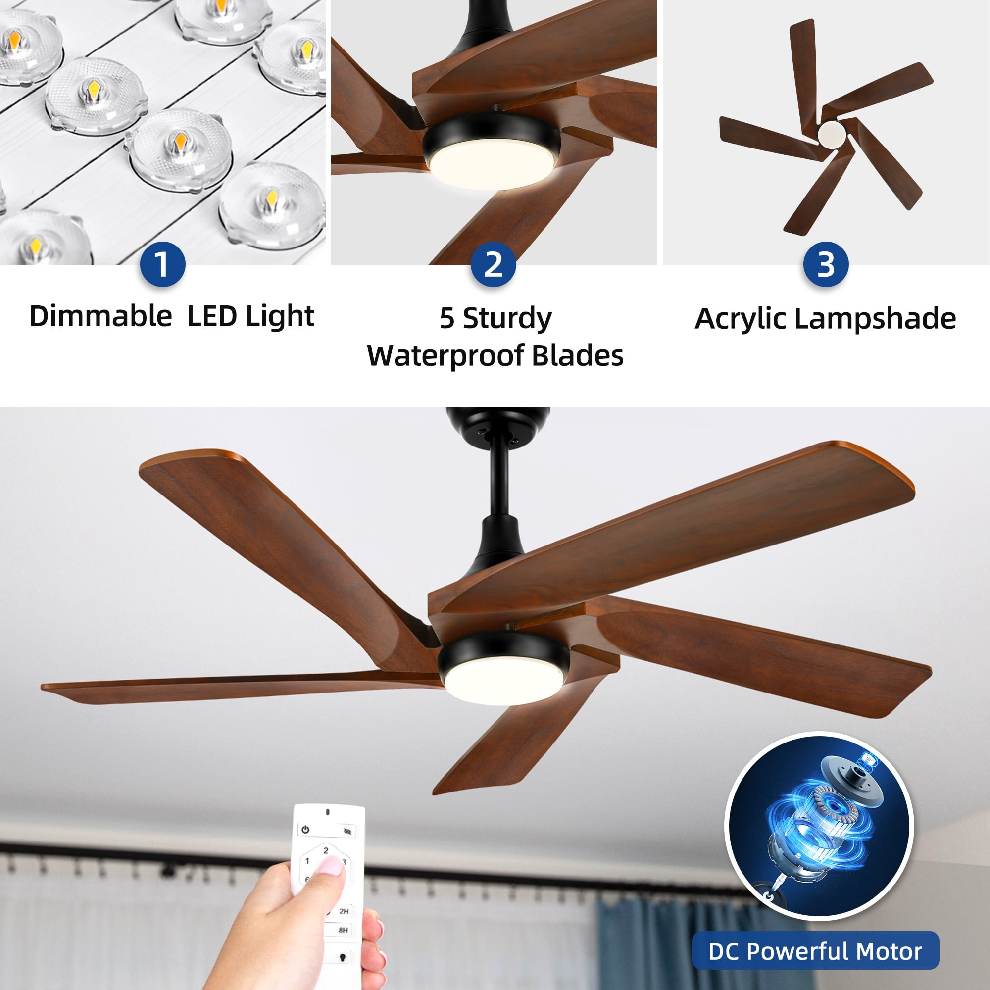 Dextrus 52'' Walnut Modern LED Downrod Indoor Reversible Ceiling Fan with Lights and Remote