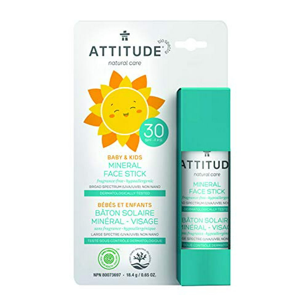 ATTITUDE Natural Care, Hypoallergenic 100 Mineral Face Sunscreen Stick, SPF 30, Fragrance Free