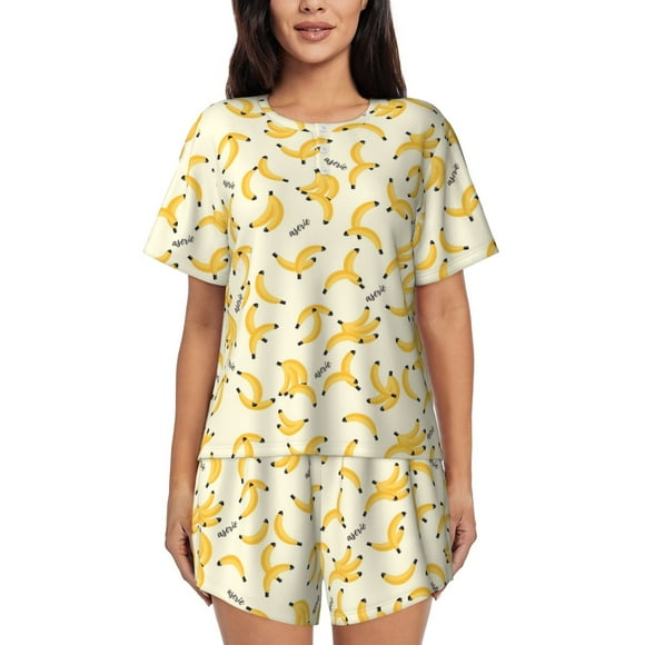 Fotbe Banana Print Pajama Set for Women 2 Piece Loungewear Short Sleeve Tops and Shorts Set Soft Sleepwear-Medium