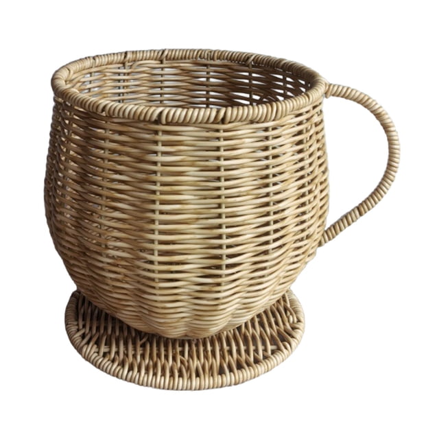 Imitation Rattan Coffee Cup Shaped Storage Basket with Handle and Base, Decorative Woven Countertop Organizer for Small Items, Kitchen and Bar Accessory